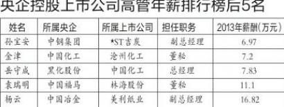 央企控股上市公司高管年薪后5名。