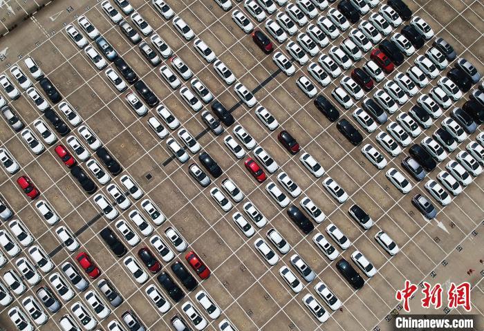 航拍在海通碼頭等待出口的整車。(資料照片) 殷立勤 攝
